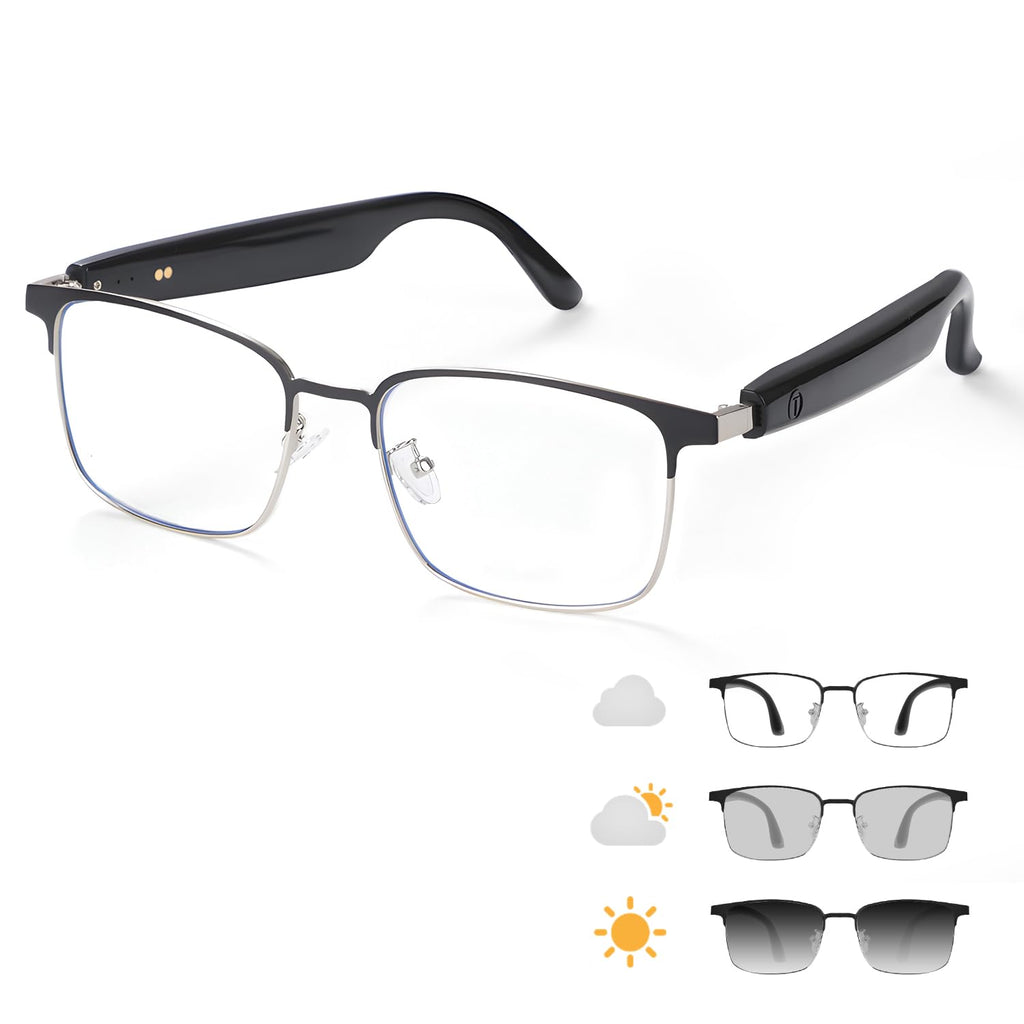 Tulbeys Smart Glasses with Open Ear Photochromic Lenses Polarized Sunglasses Bluetooth Voice Assistant Mic Speakers for Men Women Bluetooth Glasses Hands-Free Listening Voice Control(Silver)